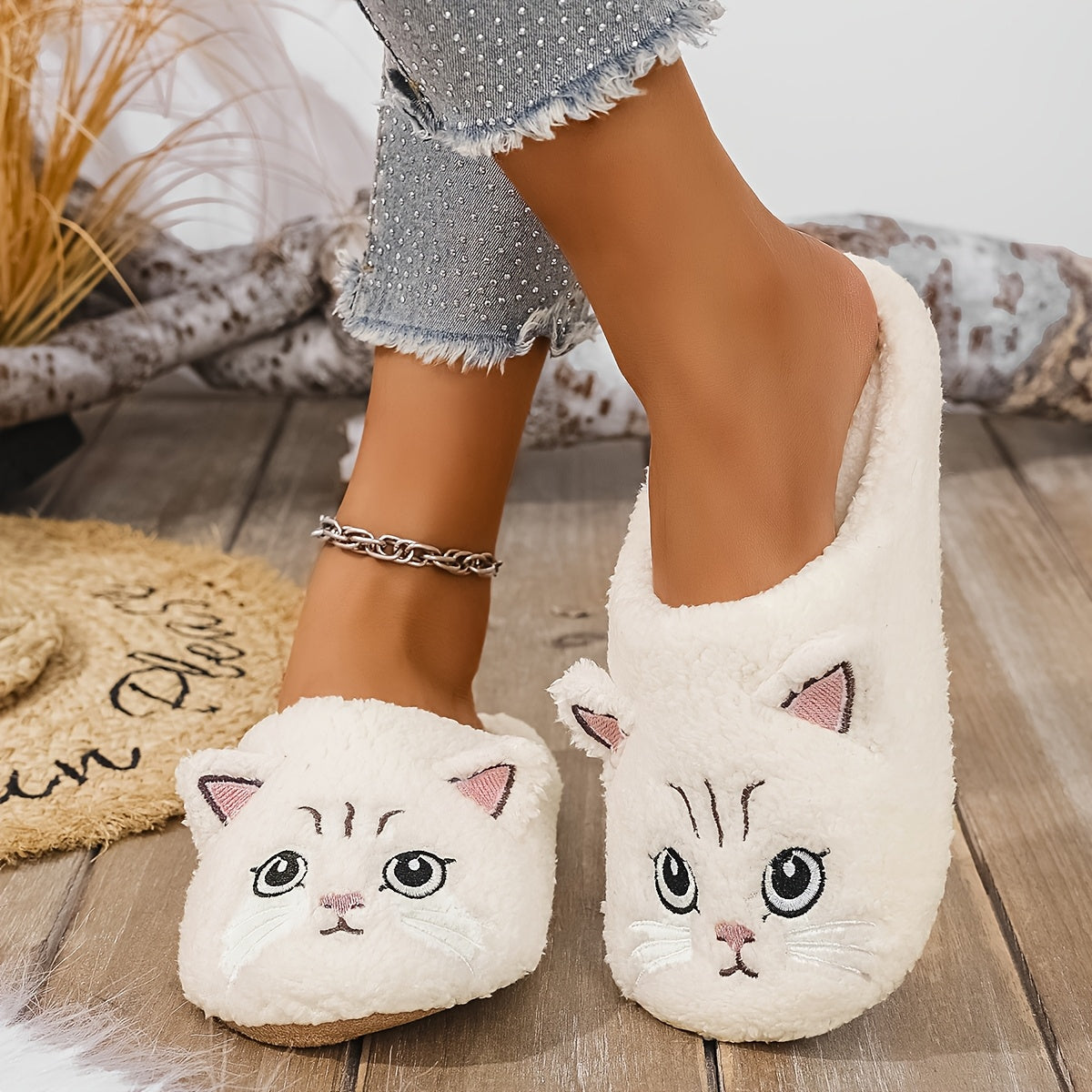 Women's Cartoon Cat Slippers Soft Plush Non-Slip Indoor House Shoes Grey Black