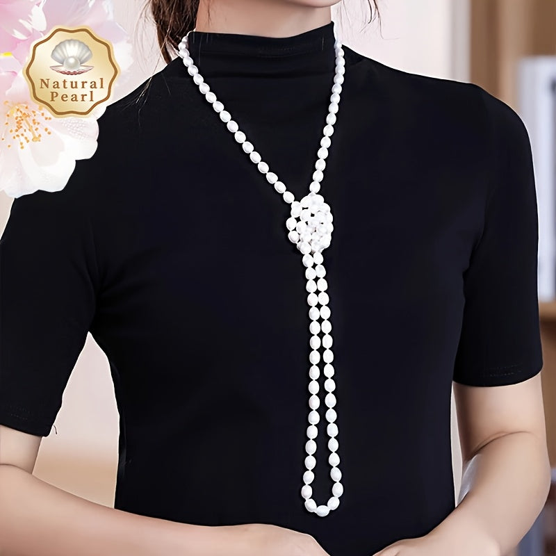 Women's Freshwater Pearl Necklace 8-9mm Rice-Shaped Natural Pearls 120cm Chain