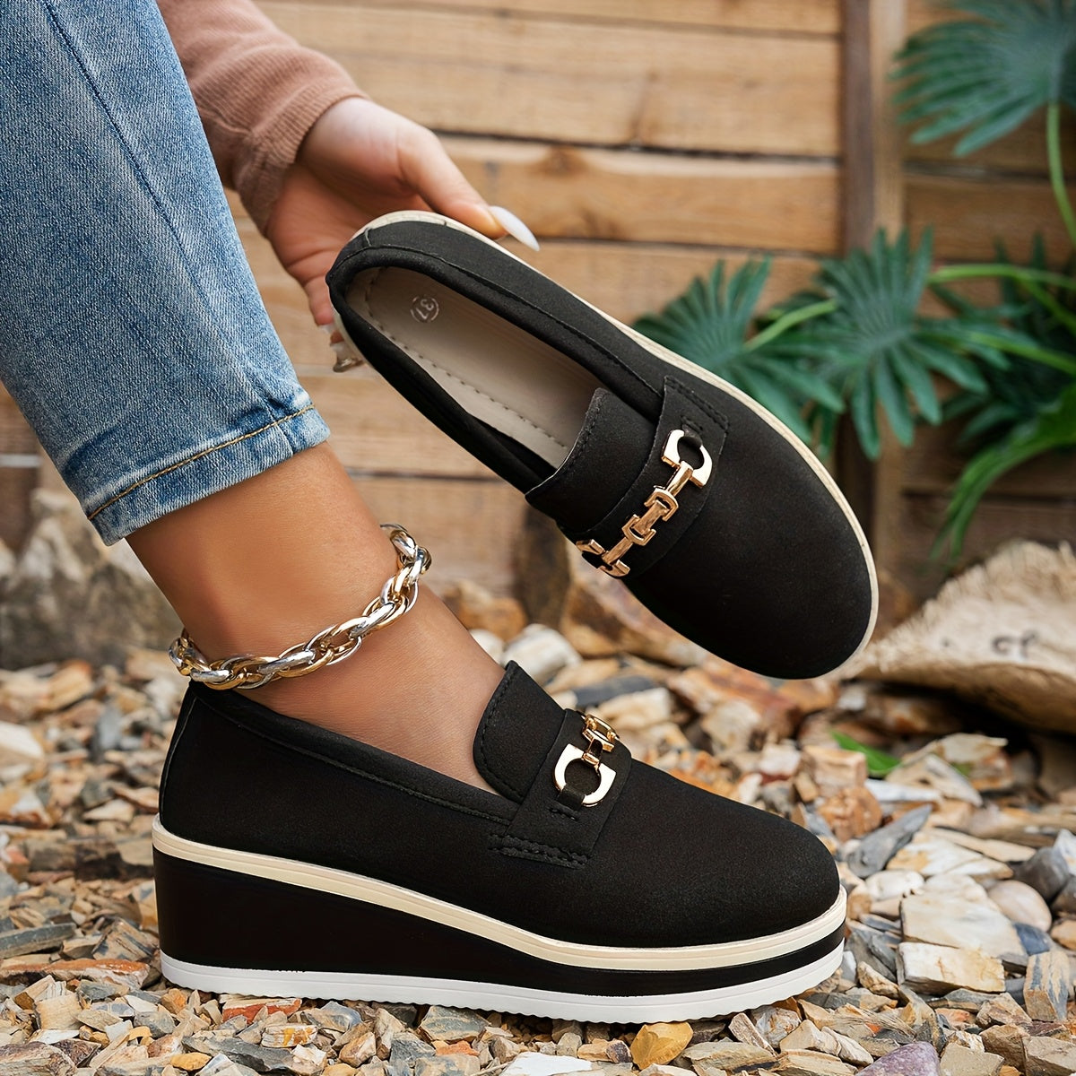 Women's Vintage Penny Moccasin Shoes, Lightweight Flannel, Chain Decor