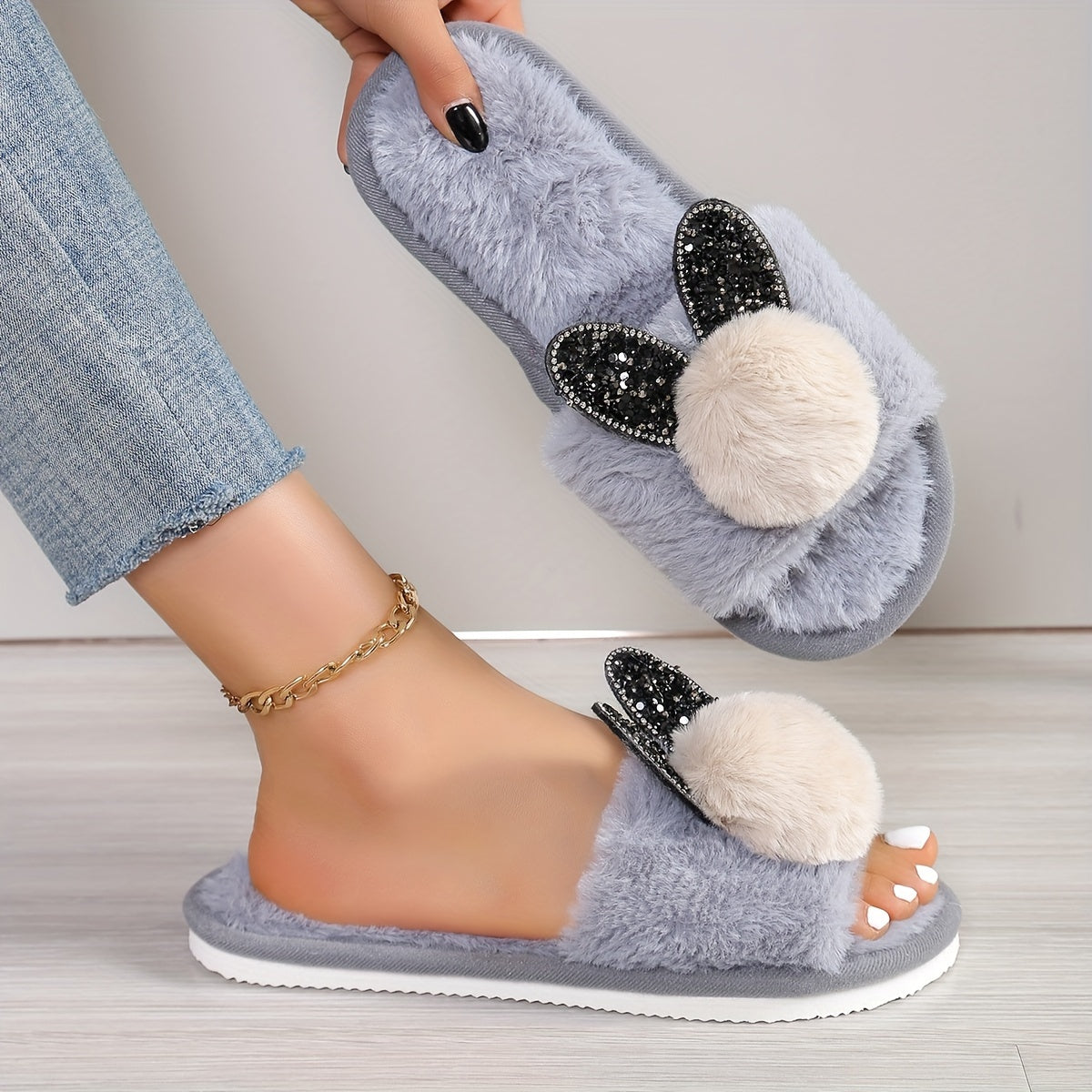 Zapatillas con orejas de conejo con purpurina para mujer, interiores, para todas las estaciones, con felpa de peluche, zapatos de casa de EVA
