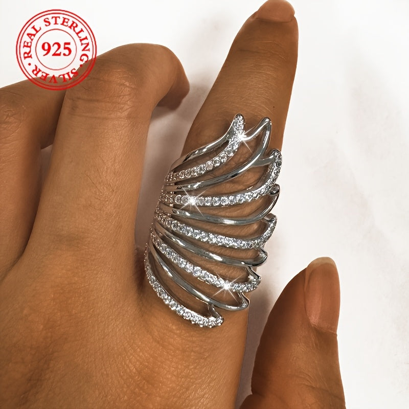 Women's Silver Open Ring with Angel Wings and Synthetic Zirconia