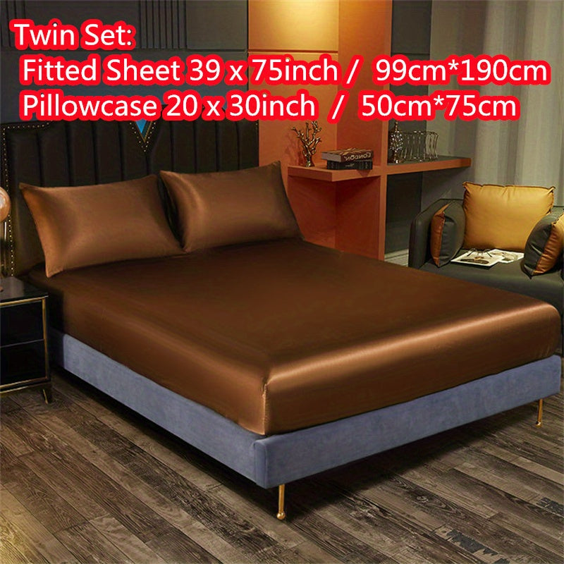 Satin Bedding Set 3 Pieces Fitted Sheet and Pillowcases Solid Color