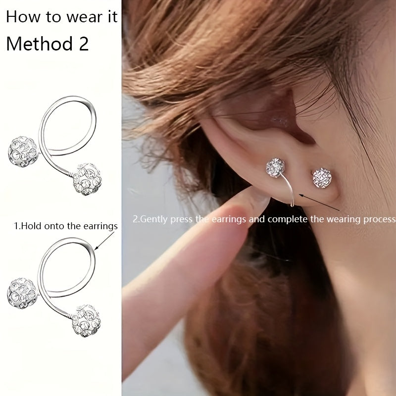Sterling Silver and Stainless Steel Spiral Ball Earrings with Rhinestone Inlay for Daily Wear