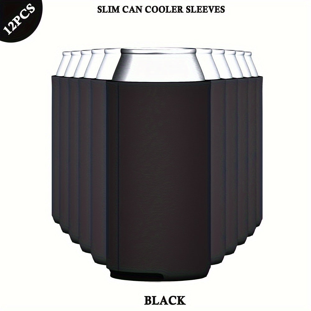 Set of 12 Black Neoprene Slim Can Cooler Sleeves for 12oz Beer and Soda