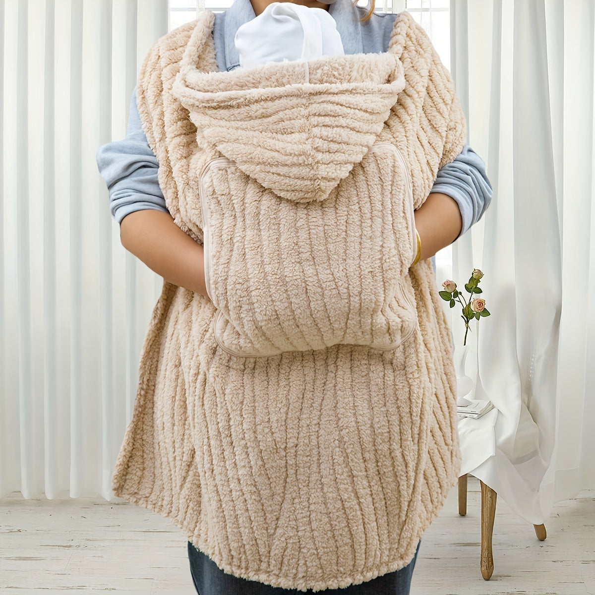 Baby Blanket Khaki Striped Hooded Plush Stroller Cozy Gift