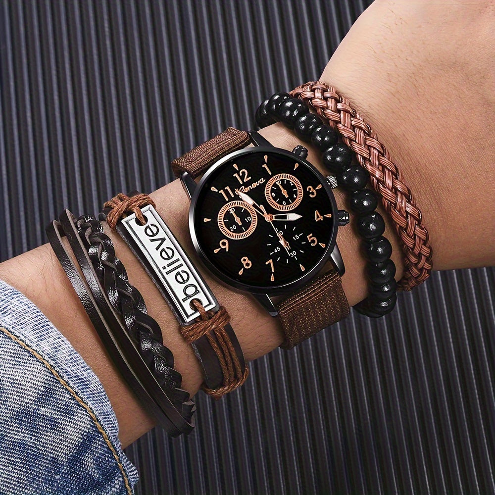 Men's Watch Set Black Nylon Strap Casual Industrial Style Round Dial Quartz Watch with 3 Bracelets