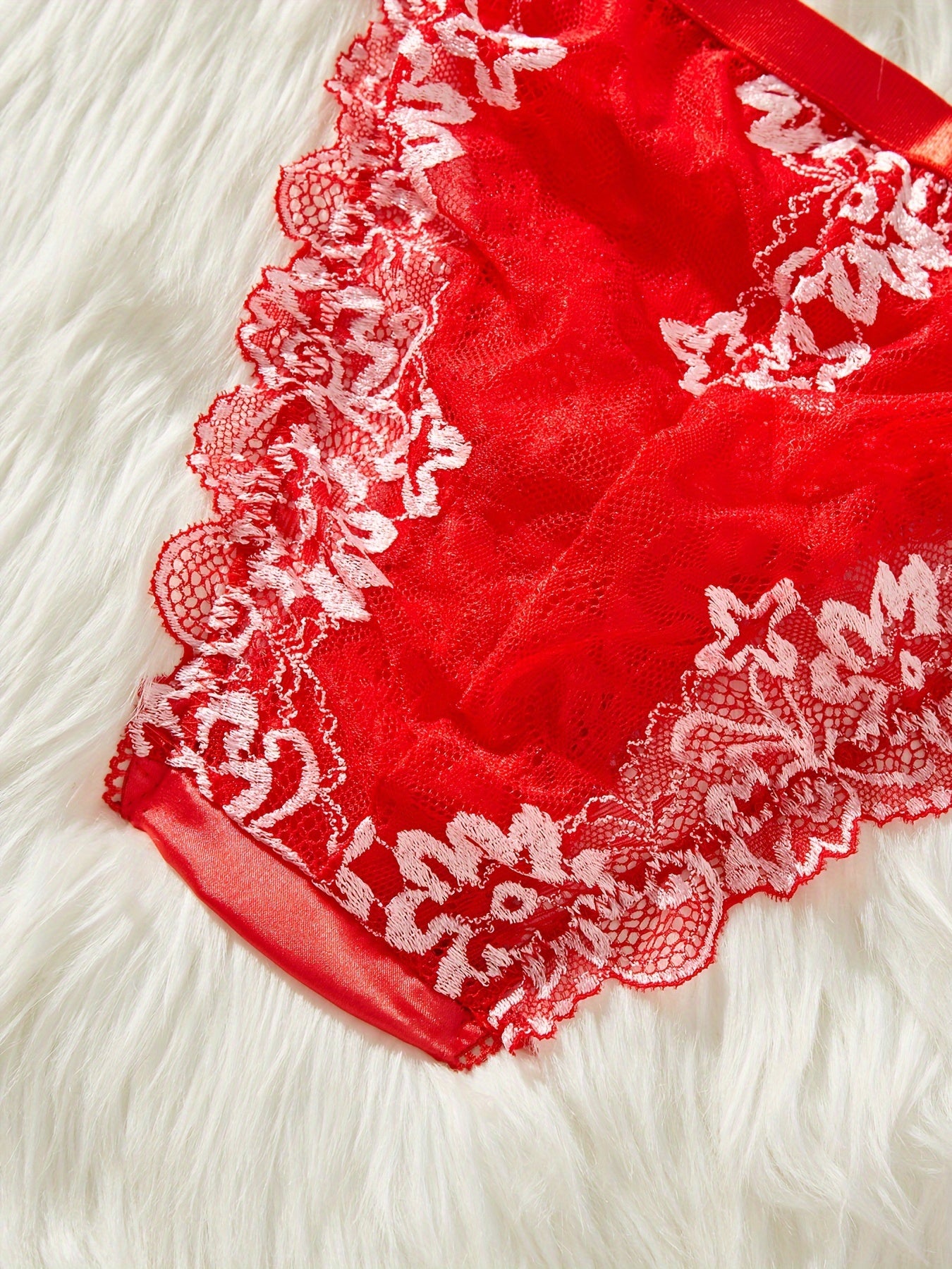 Women's Lace Trim Semi-Sheer Polyester Blend Thong with Bow Detail