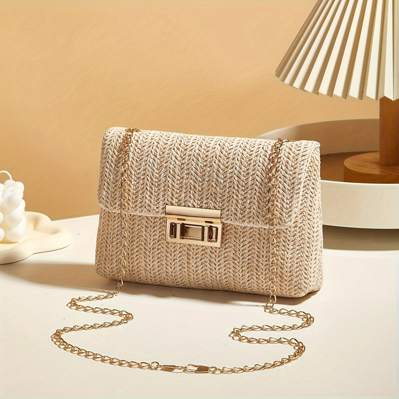 Bolso de hombro de tela entretejida para mujer con correa de cadena y hebilla de cierre, bandolera casual, color beige caqui