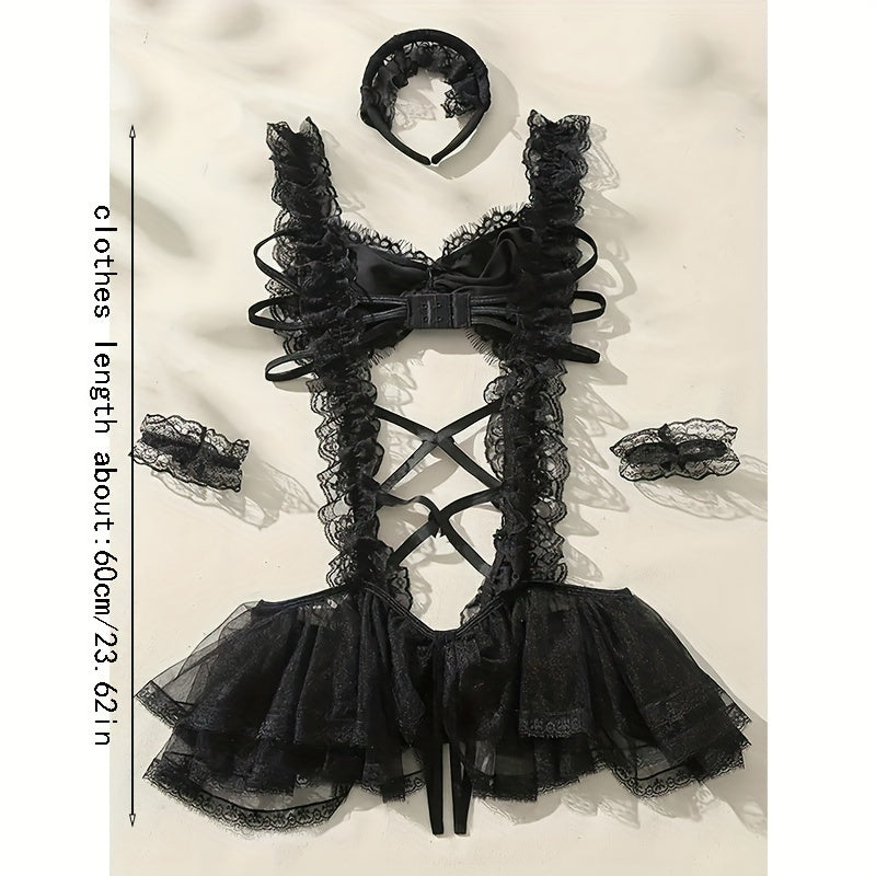 Mesh Teddy Bodysuit Lingerie Set with Lace Trim and Bow Accent