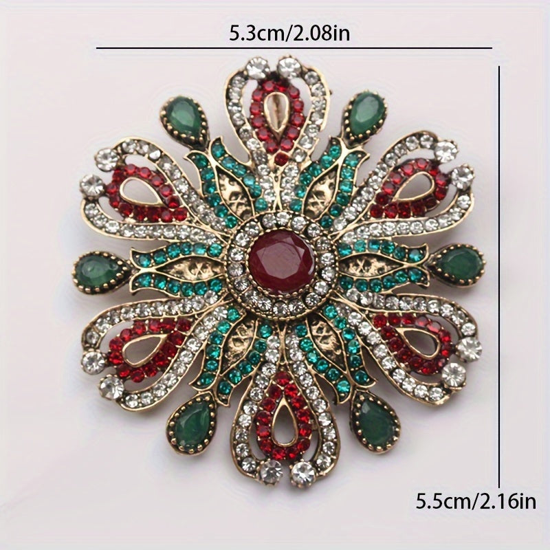 Vintage Rhinestone Brooch Pin with Irregular Floral Design Green Red Accents for Women
