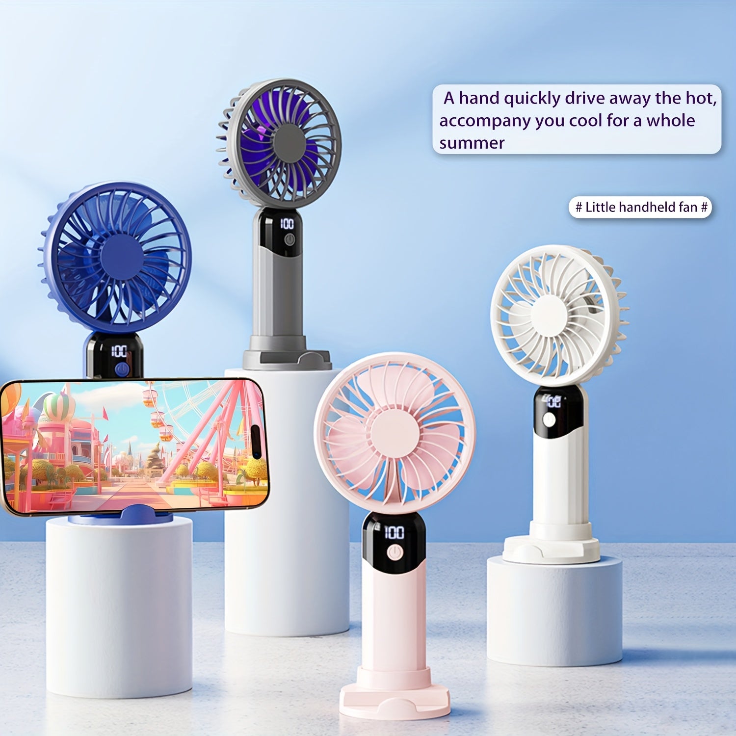 Handheld Fan with LED Display, 6 Speed Settings, Rechargeable Battery, Stable Base Stand for Phone Binge-Watching