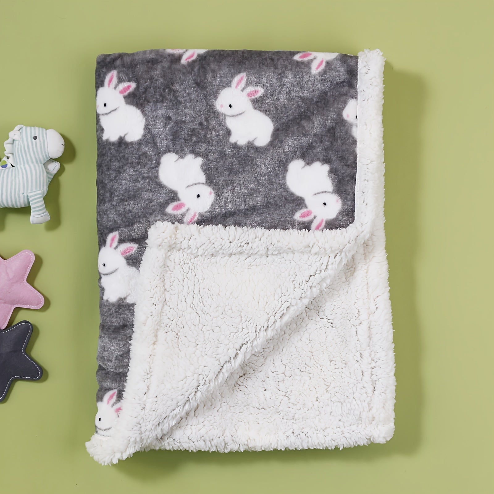 Kids Flannel Blanket with Rabbit Pattern for Spring and Autumn Gray Green Thick Cozy Machine Washable