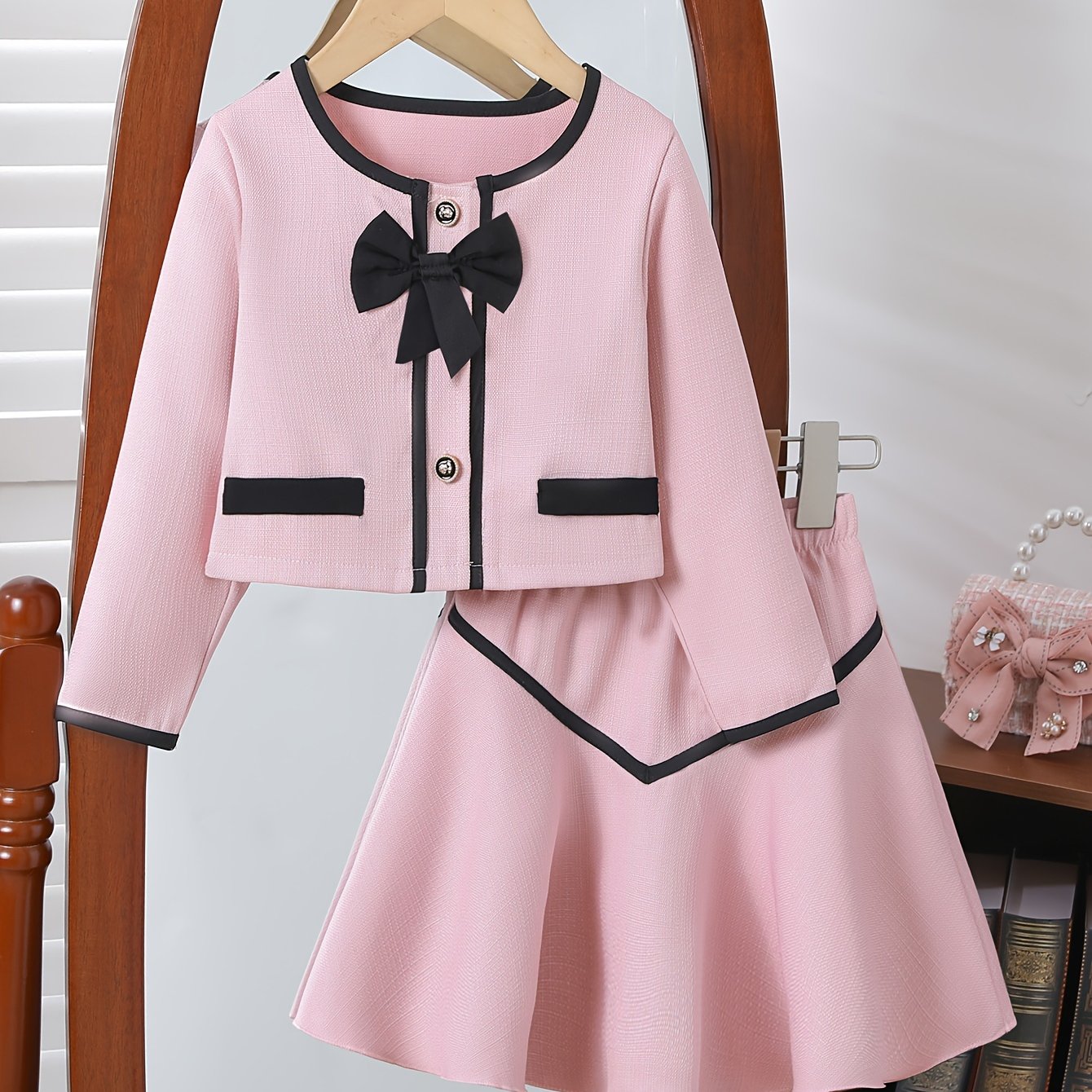 Girls Two-Piece Set with Tweed Top and A-Line Skirt for Spring and Fall