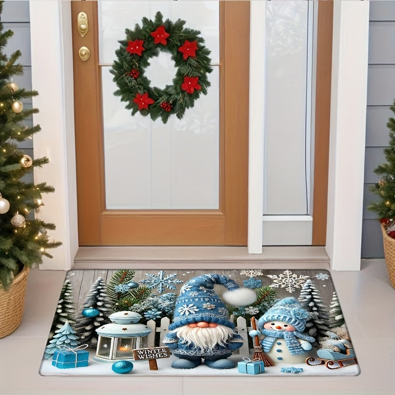 Blue Flannel Christmas Gnome Door Mat Non-Slip Stain-Resistant 1.2cm Thick