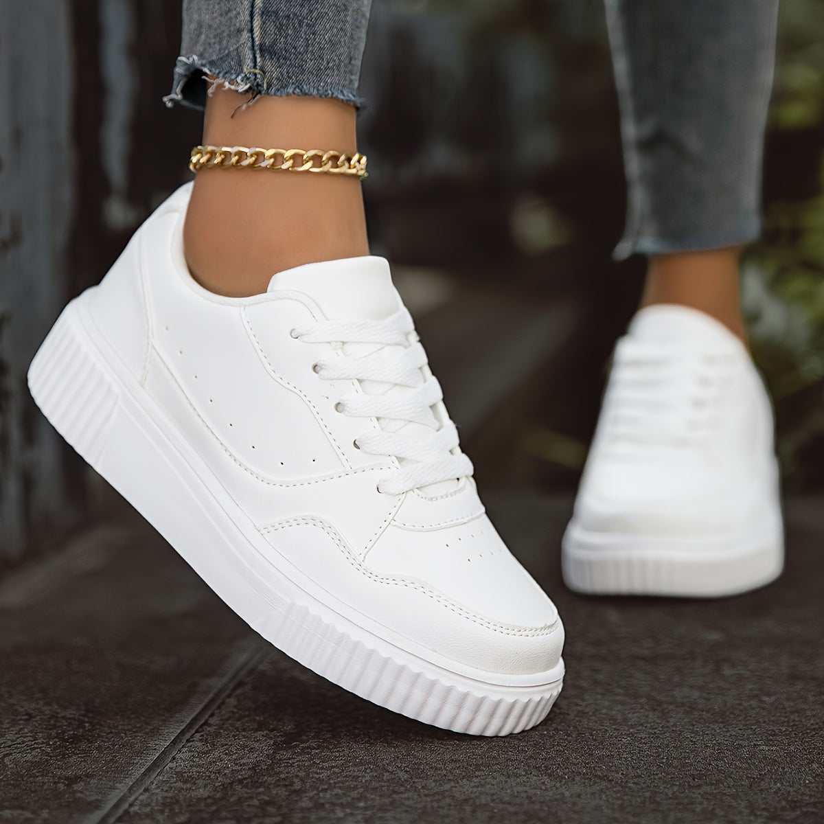 Women's White Low-Top Sneakers Casual Durable Non-Slip All-Season