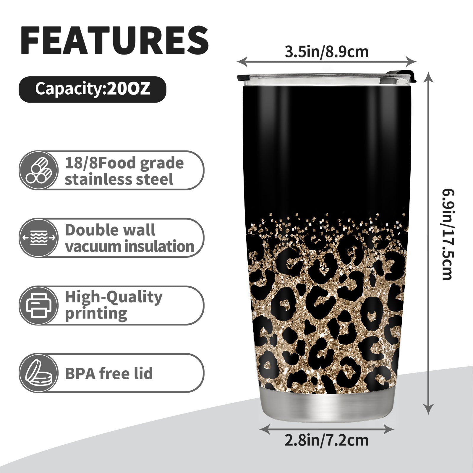 Leopard Print Travel Mug 20oz Stainless Steel Insulated Coffee Cup with Lid
