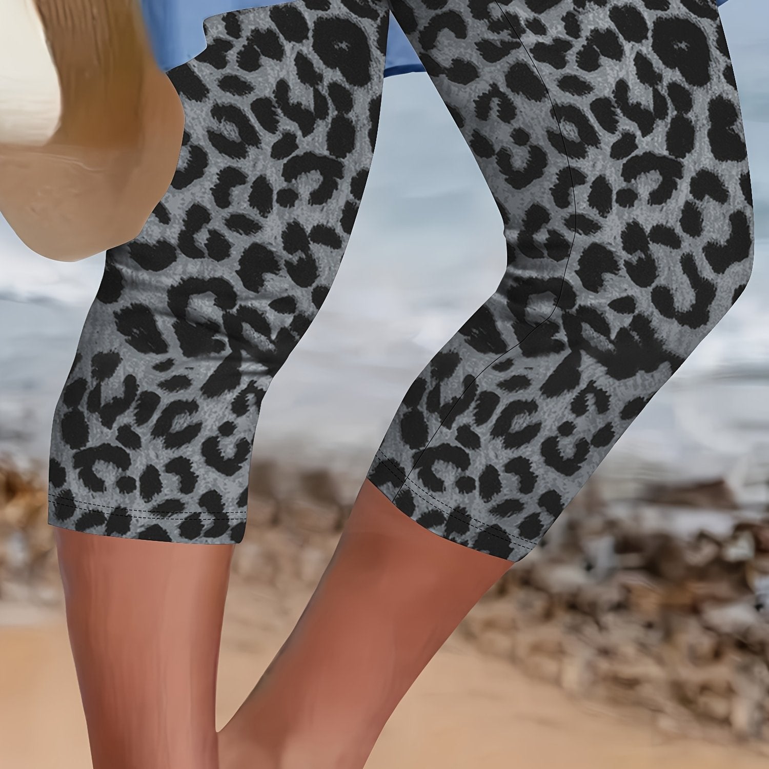 Plus Size Leopard Print High-Waisted Capri Leggings Stretchy Casual Summer Black Brown