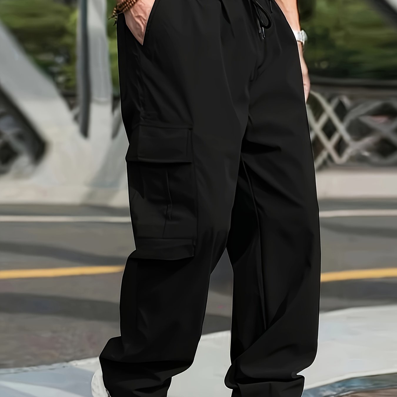 Men's Olive Green Cargo Pants Lightweight Twill with Side Pockets Adjustable Waist All-Season