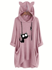 Ayollar uchun pushti hoodie qora mushuk grafikasi bilan qulay kuzki sviter