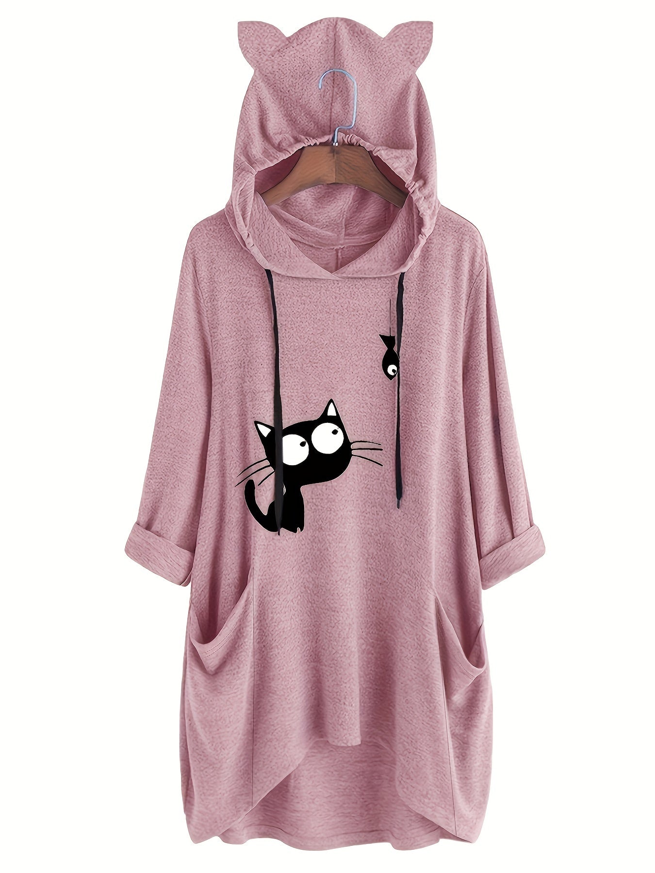 Ayollar uchun pushti hoodie qora mushuk grafikasi bilan qulay kuzki sviter
