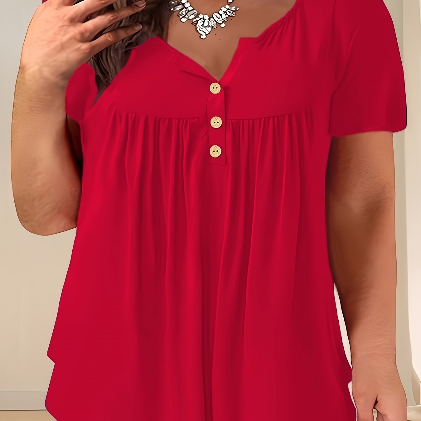 Plus Size Women's Navy Blue Casual Pleated T-Shirt with Crew Neck and Slight Stretch