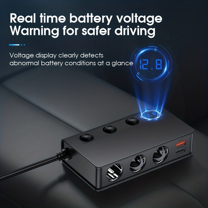 Cargador de coche de alta potencia con puertos USB y pantalla de voltaje