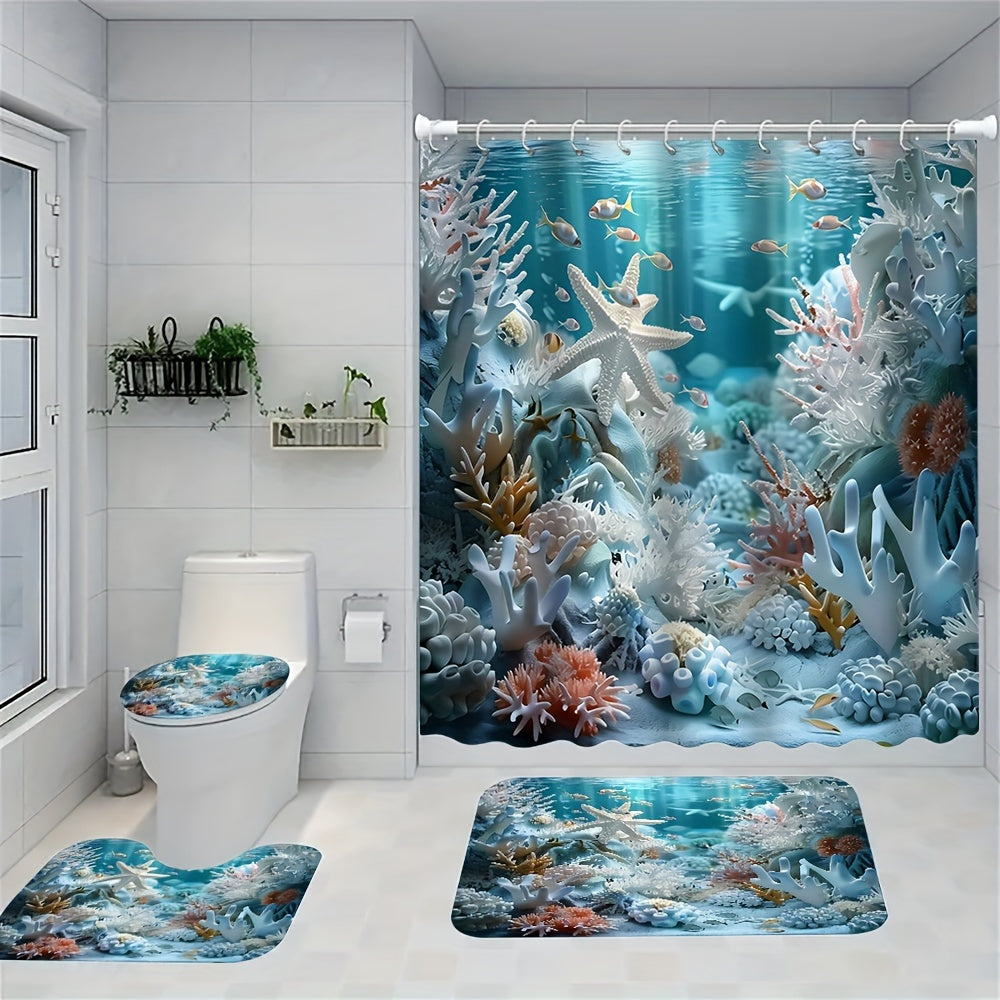 Ocean Style Shower Curtain Set with Shell and Starfish Print Waterproof Bathroom Decor with Non-Slip Mat and Hooks