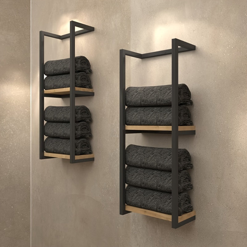 Modern Metal and Wood Bathroom Towel Rack with Shelves for Towels and Essentials