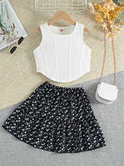 Girls Summer Casual 2-Piece Set Sleeveless Knit Top Ditsy Floral Skirt Polyester Elastane