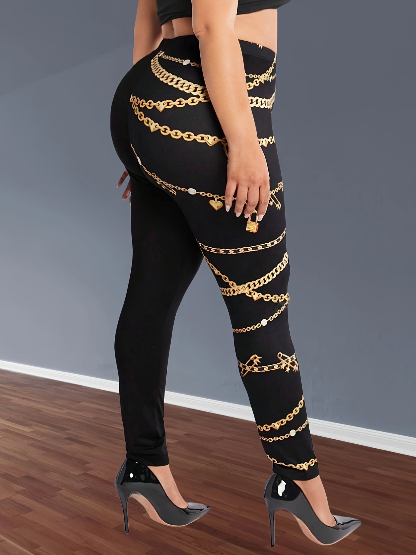 Plus Size Skinny Leggings Chain Patterned Stretch Knit Pants for Going Out