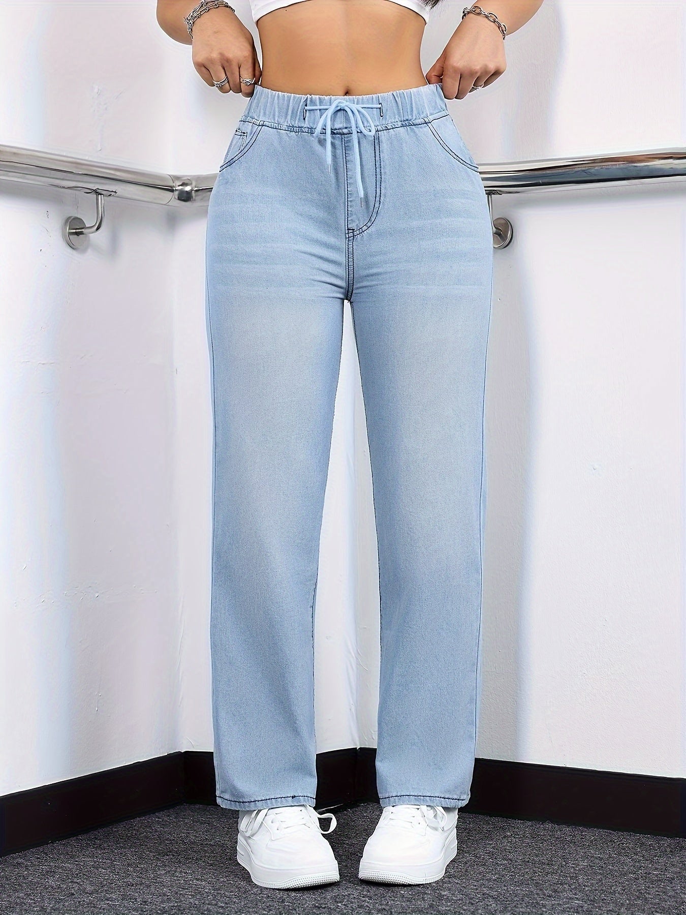 Women's Light Blue Straight Leg Jeans with Drawstring Waist Casual