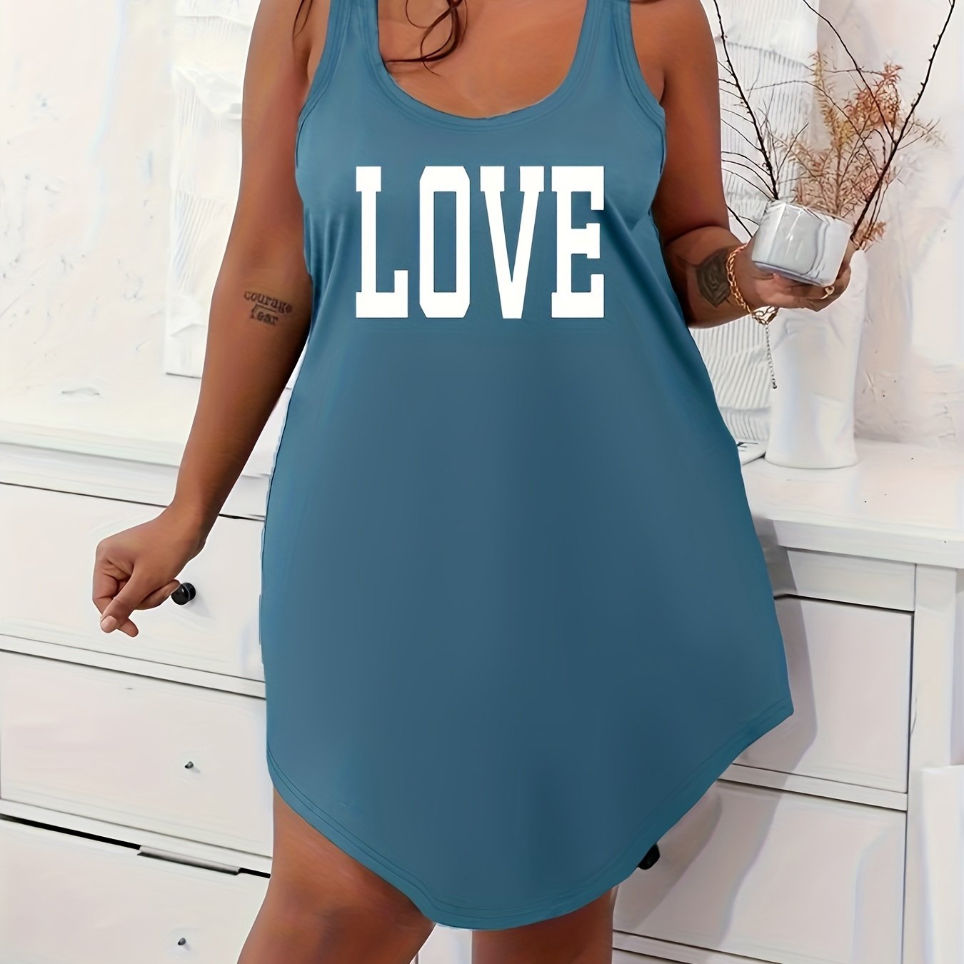 Plus Size Women's Cotton Lounge Dress Scoop Neck Racerback Home Wear