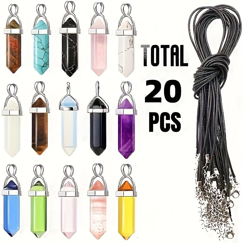 Set of 20 Artificial Crystal Hexagonal Quartz Pendants with Synthetic Gemstone Charms and Leather Necklace Cords