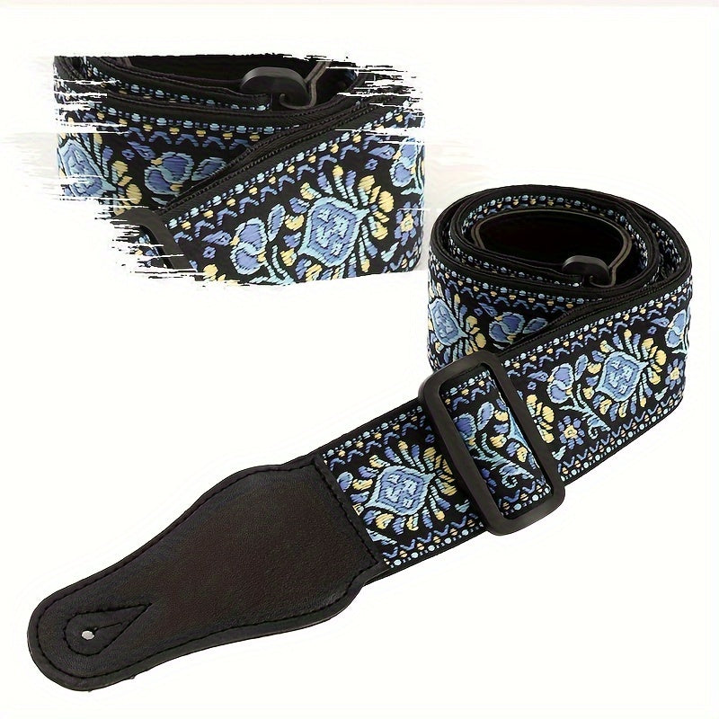 Correa de guitarra de lona con bordado de estilo nacional en rojo, amarillo, azul, verde y rosa