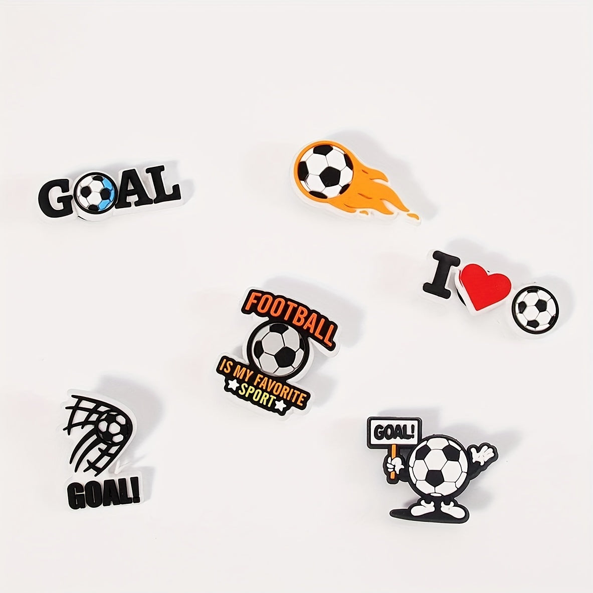 Unisex PVC Football Shoe Charms 6-Pack Soccer Ball Goal Designs