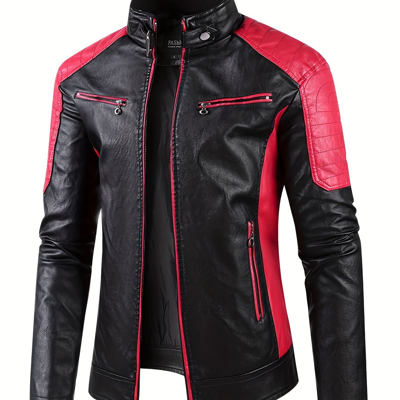 Erkaklar uchun tor kesimli rangli blokli jakket, turli cho'ntaklar, turg'un yaka, fermuar, kuz/qish/fall uchun oq va qizil dizayn.