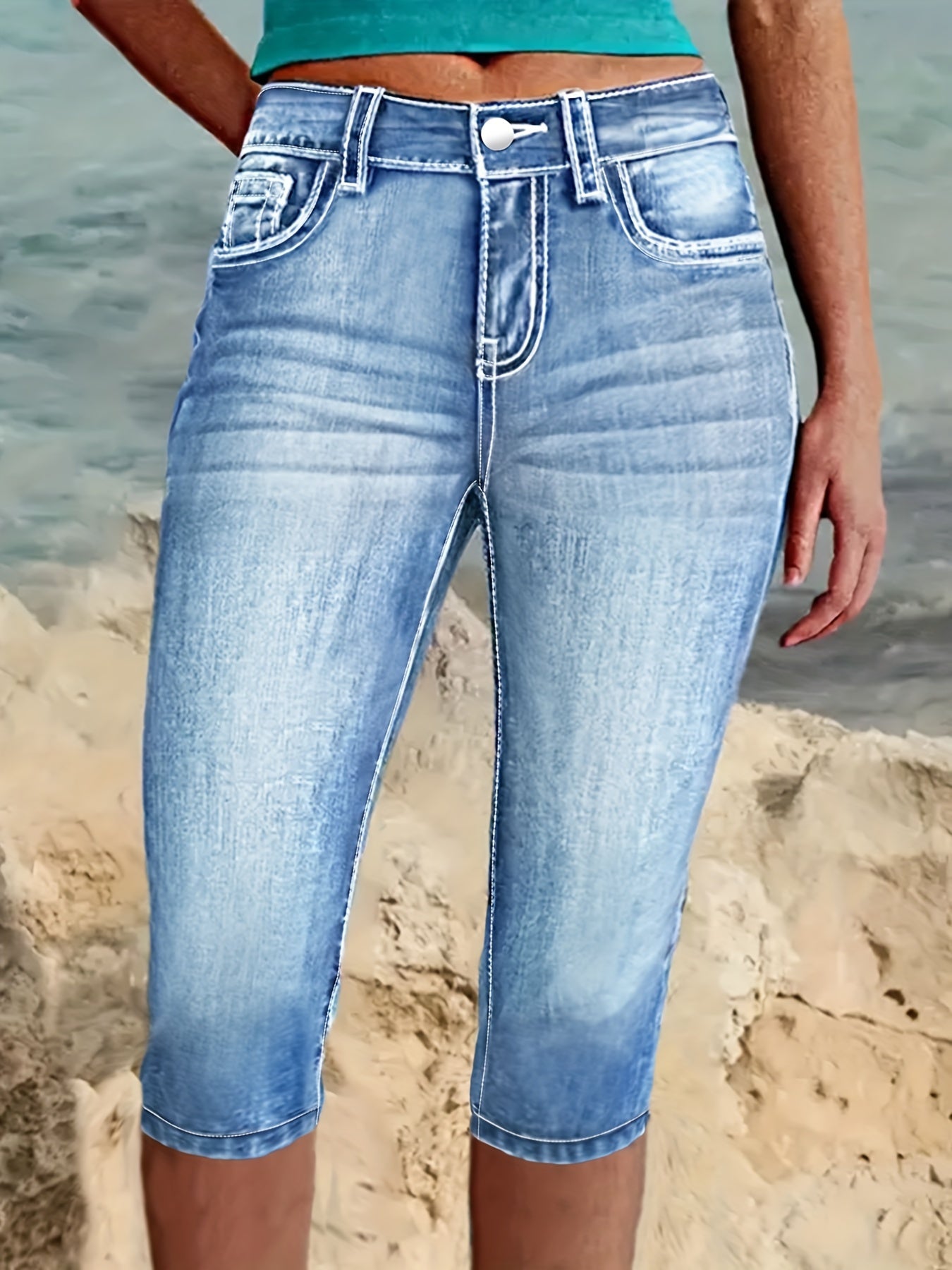 Jeans capri de mezclilla de inspiración vintage para mujer talla plus de cintura alta con aspecto desgastado