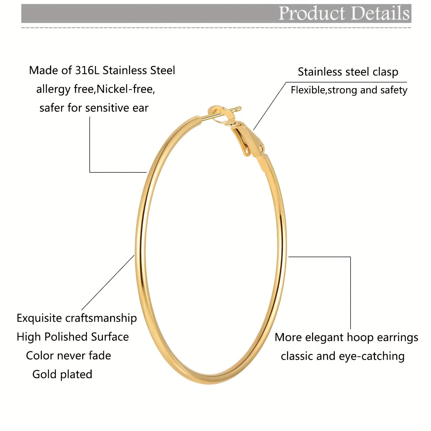 Set of Two Hypoallergenic Stainless Steel Hoop Earrings for Women in Gold and Silver Tones 30mm 40mm 50mm