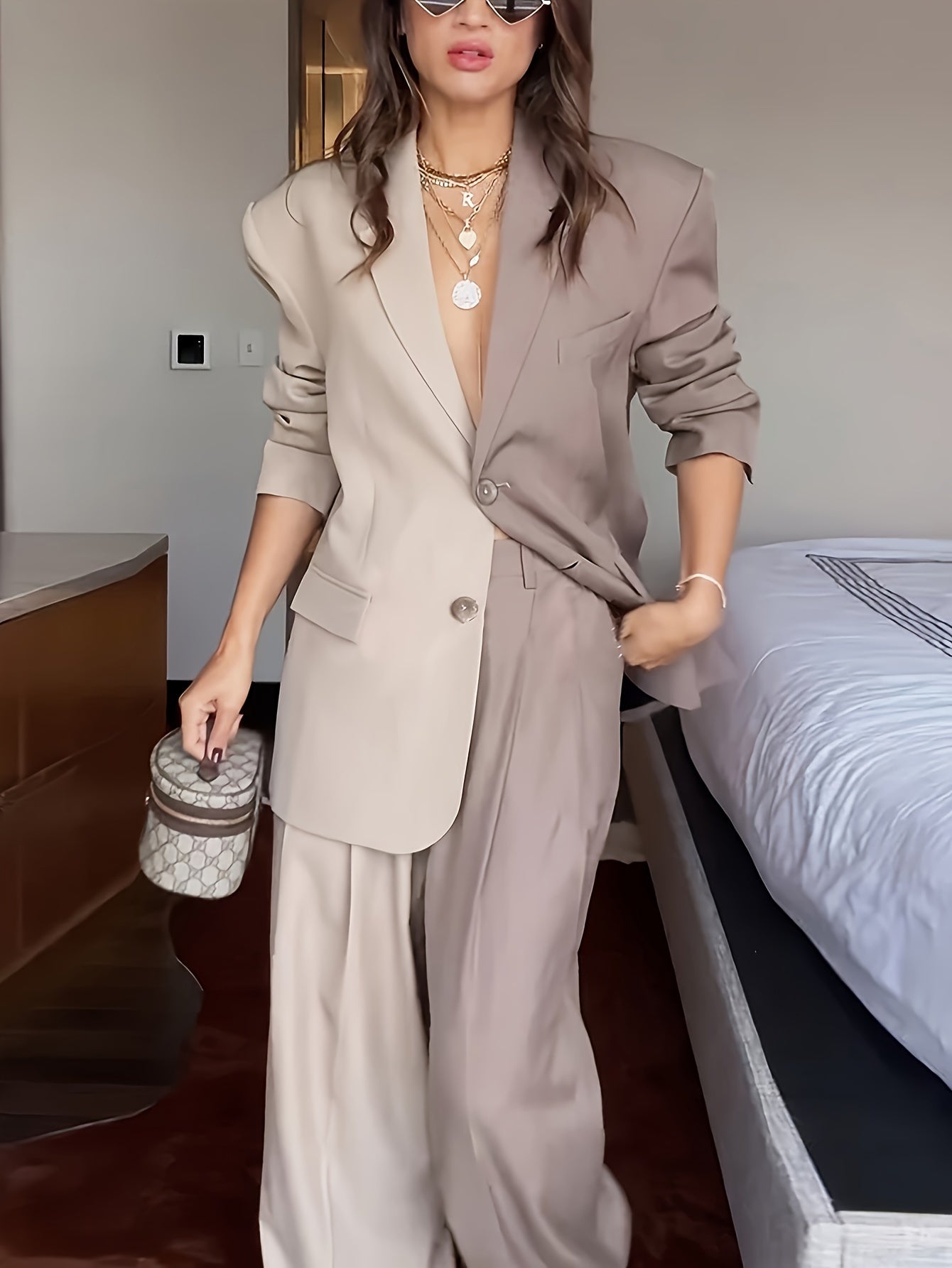 Color-Blocked Blazer and Wide-Leg Pants Set for Women Spring Fall Elegant Polyester