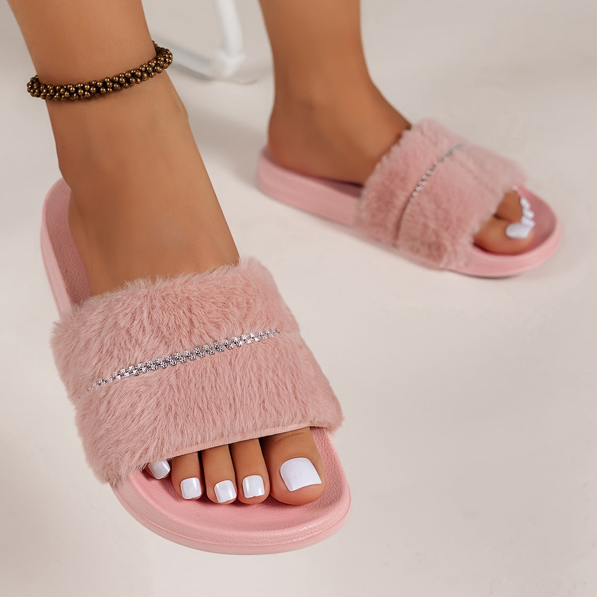 Women's Casual Open-Toe Sandals with Rhinestone Chain and Thick Sole