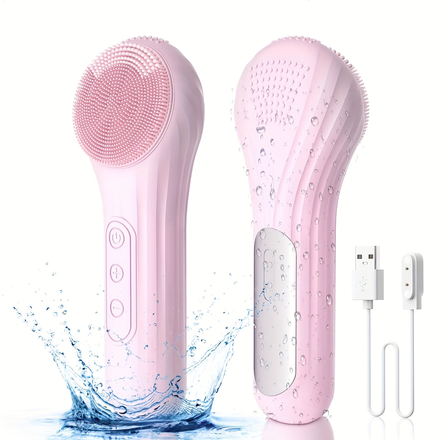 Qayta zaryadlanadigan silikon tozalash cho'tkasi, chuqur tozalash, yumshoq eksfoliatsiya va tebranish massaji uchun tuzilgan teksturalangan bosh bilan.