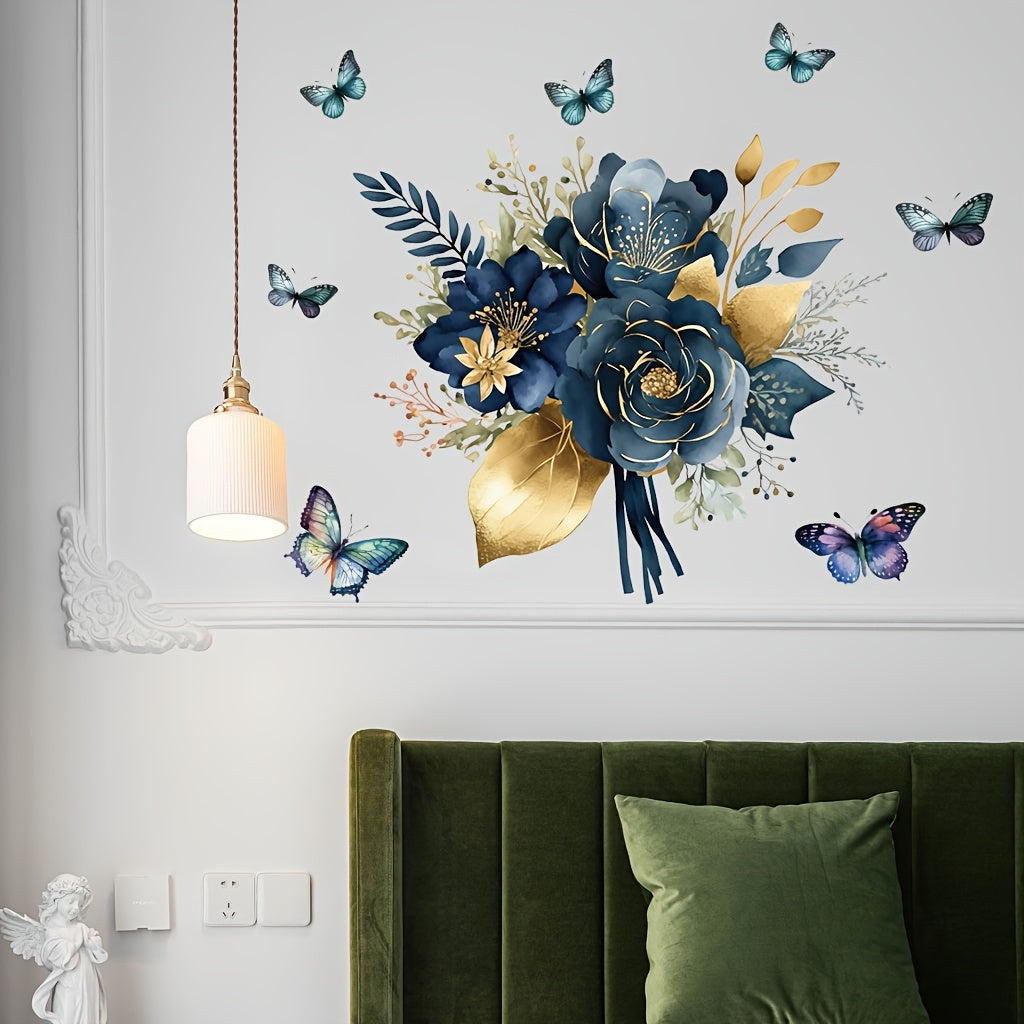 Blue Flower Butterfly Wall Sticker Removable PVC Decor for Kitchen Walls