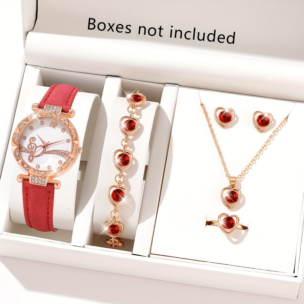 Set of 6 Women's Music Note Design Watches with Rhinestone Accents and Matching Jewelry Set