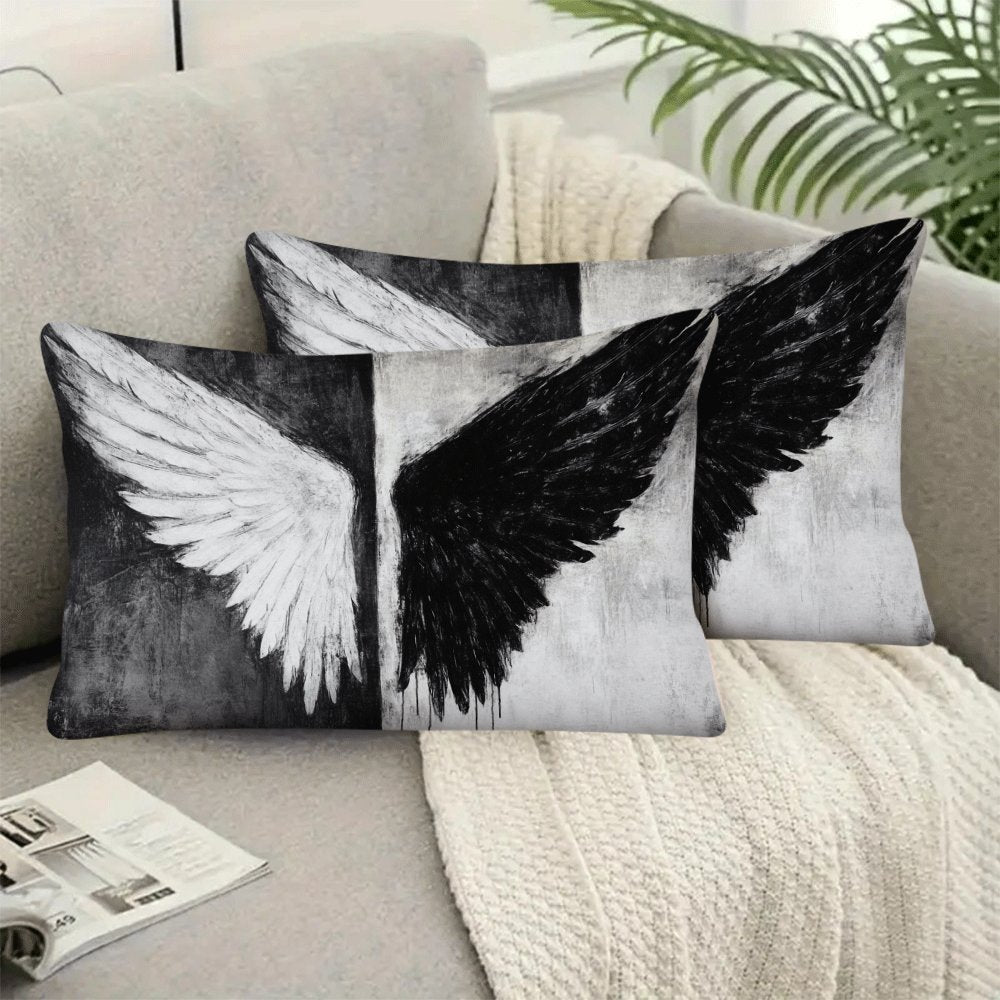 Set of Two Black and White Angel Wings Pillow Covers Polyester Square Cushion Cases Zipper Closure for Sofa Bed Outdoor