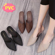 Women's Striped PVC Slides with Pointed Toe and Mid Heel
