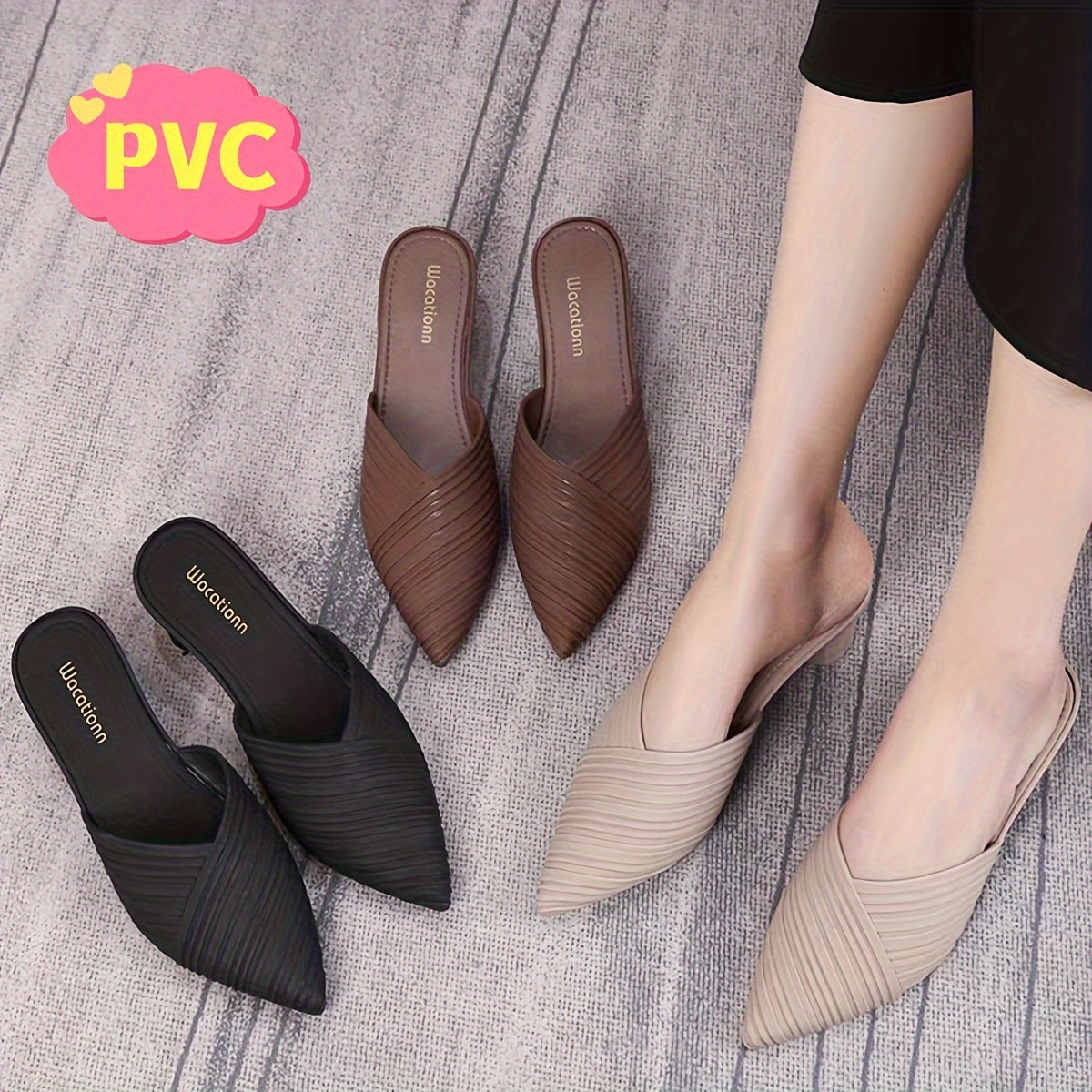 Women's Striped PVC Slides with Pointed Toe and Mid Heel