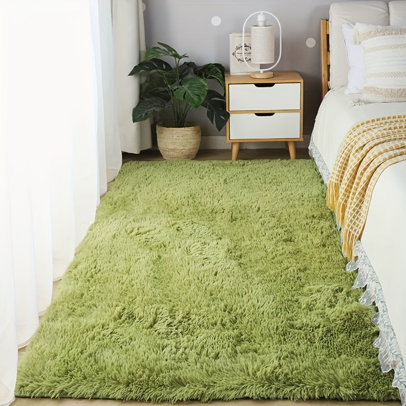 Green Plush Rectangular Carpet Non-Slip Stain-Resistant Bedroom Living Room Rug