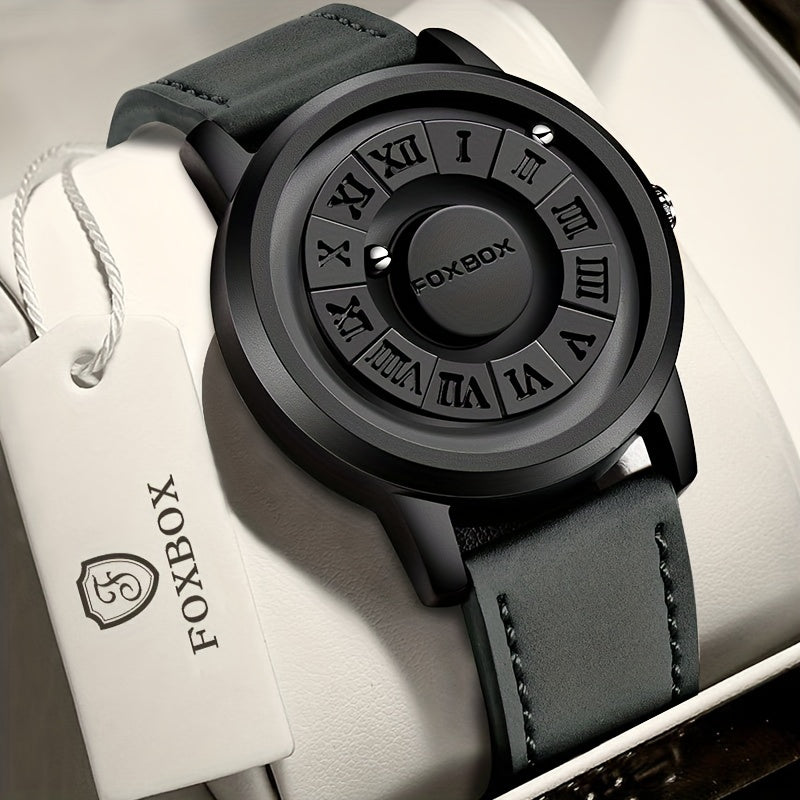 Reloj para hombre con pantalla de esfera única y diseño de correa de cuero con perlas magnéticas giratorias