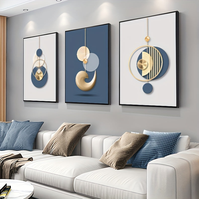3-Piece Modern Wall Art Set Golden Blue Abstract Canvas Prints for Living Room Office Frameless