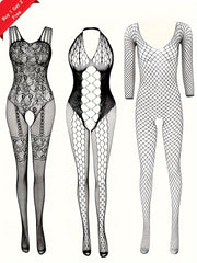 Women's Black Fishnet Lingerie Set Bodysuit with Open Crotch for Date Nights and Parties